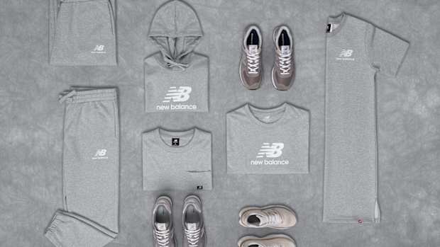 Overview of grey New Balance clothes and shoes.